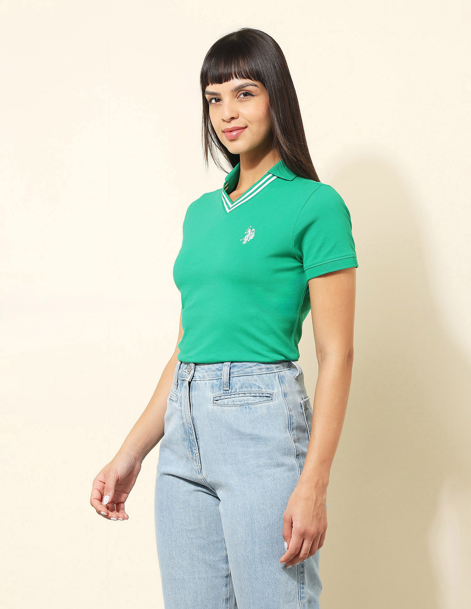 U.S. Polo Assn. Women Tipped V-Neck Solid Polo Shirt