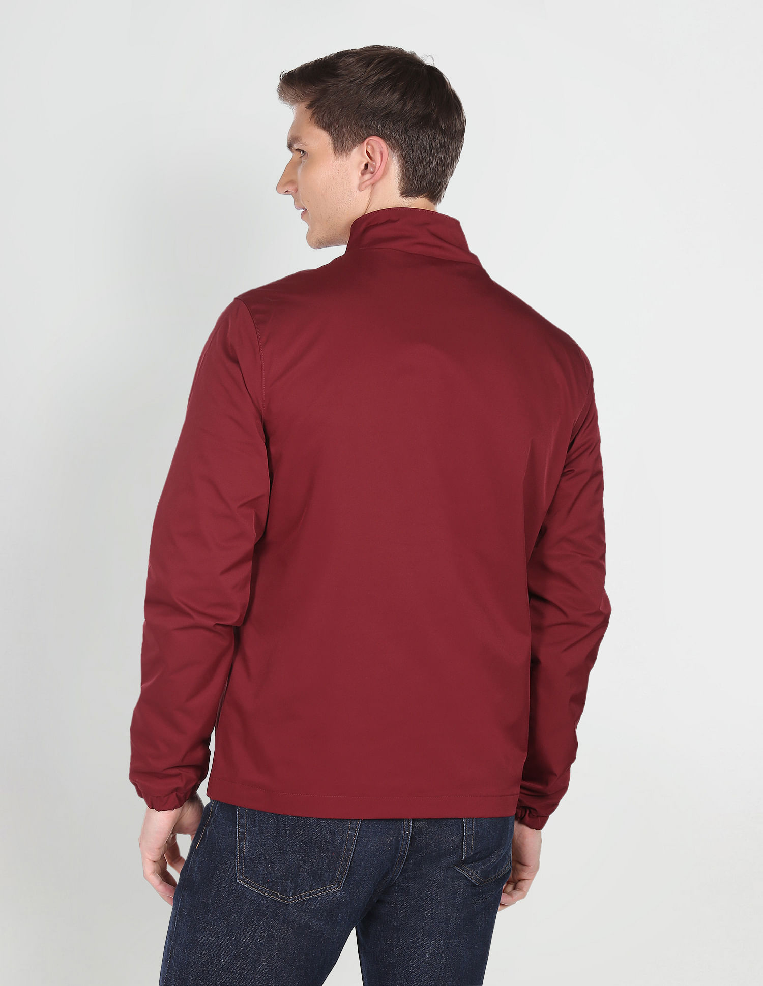 Mens Casual Button Closure Burgundy Denim Jacket - Jackets Expert