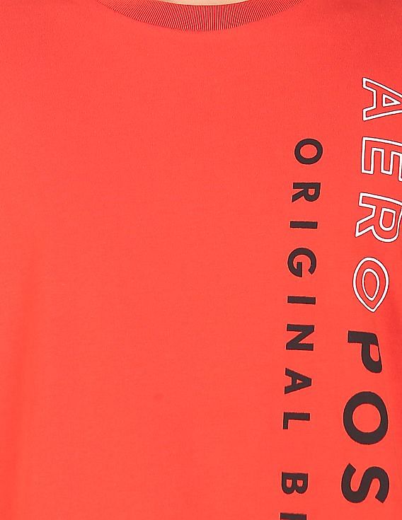 Aeropostale Men Orange Crew Neck Cotton Brand Print T-Shirt