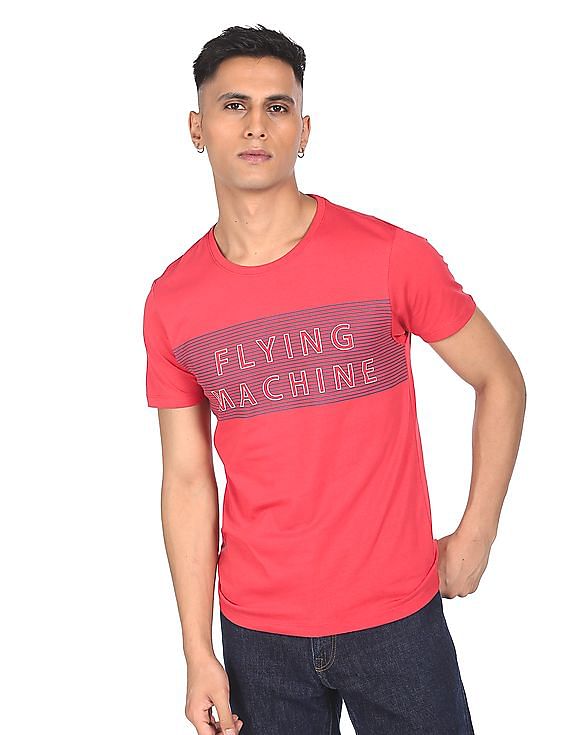 Flying Machine Ribbed Neck Brand Print T-Shirt