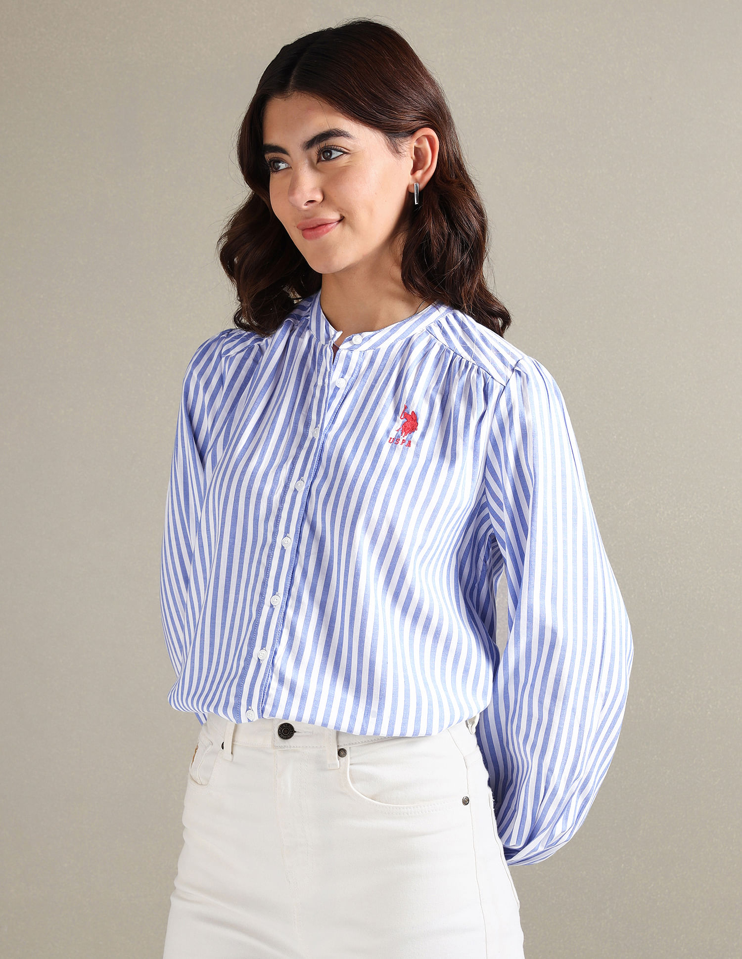 U.S. Polo Assn. Women Vertical Stripe Oxford Shirt
