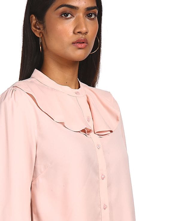 Buy Flying Machine Women Light Pink Mandarin Collar Ruffle Accent Top -  NNNOW.com