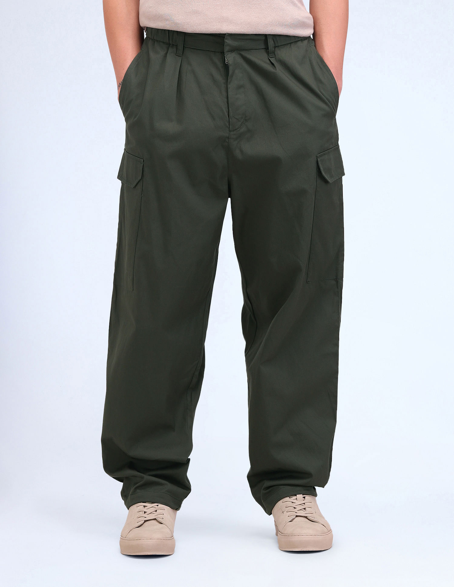 Flying Machine Solid Loose Fit Pleated Cargos