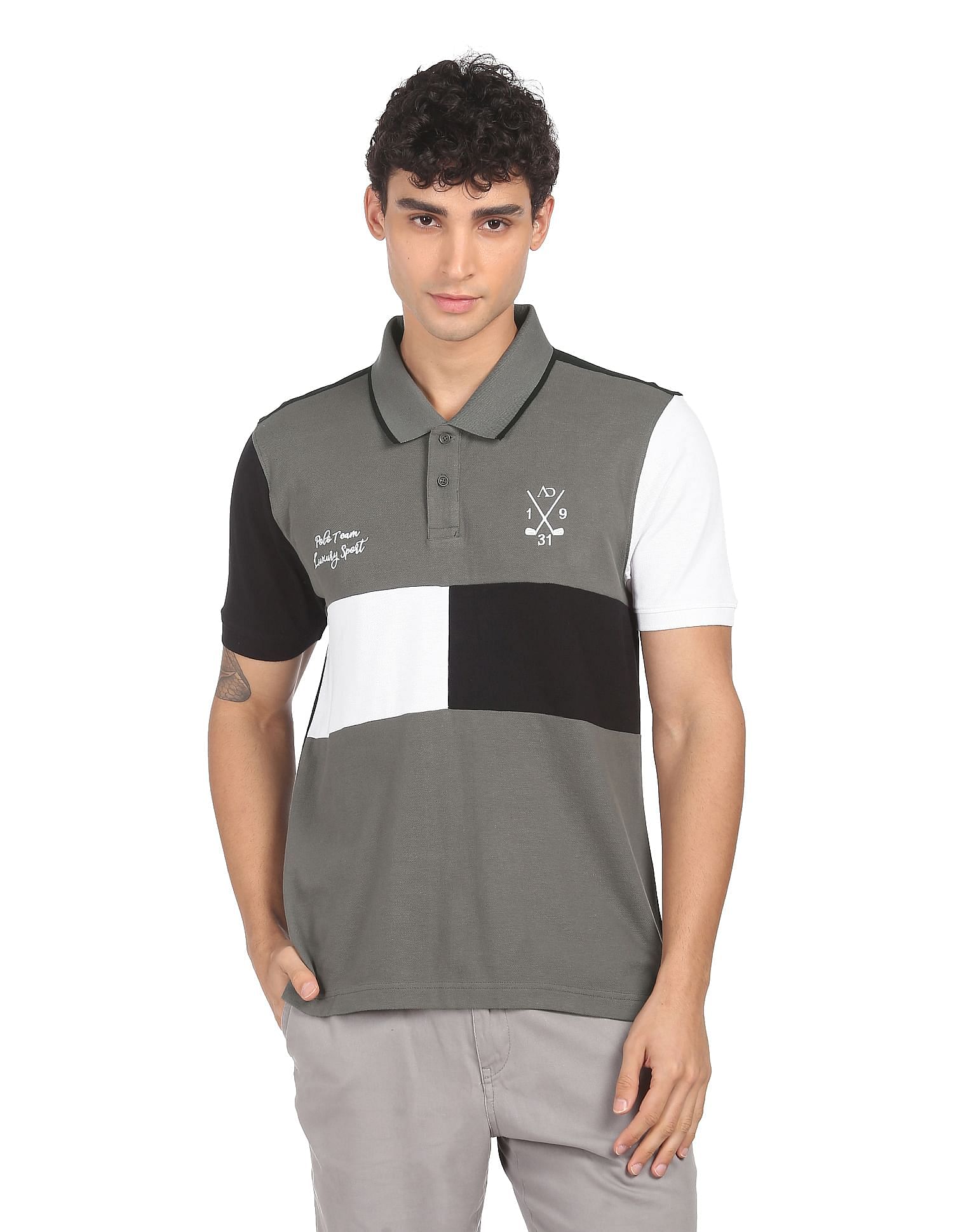 AD by Arvind Cotton Panelled Colour Block Polo Shirt