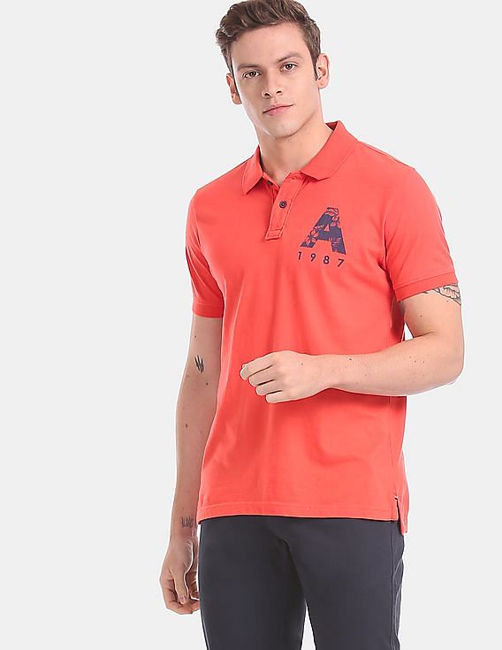 Aeropostale Men Red Brand Print Pique Polo Shirt