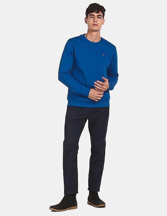 Arrow Sports Men Royal Ribbed Crew Neck Solid Sweatshirt