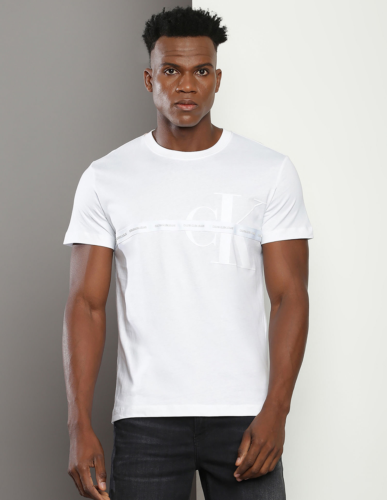 Buy Calvin Klein Men White Flocked Monogram Logo Crew Neck T-Shirt 