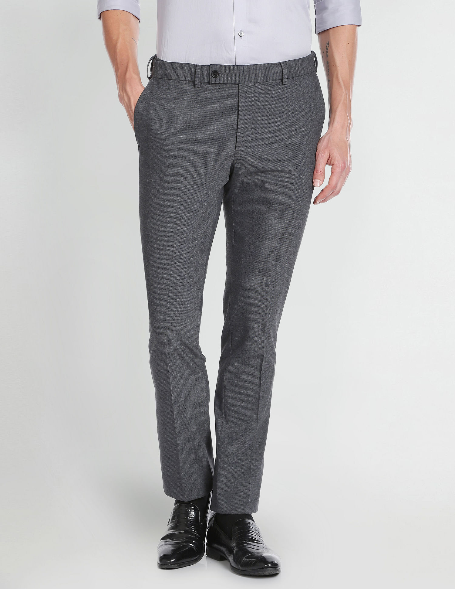 Buy Louis Philippe Men Grey Slim Fit Textured Flat Front Formal Trousers  online