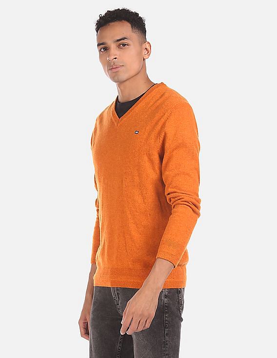 Mens orange v neck on sale jumper