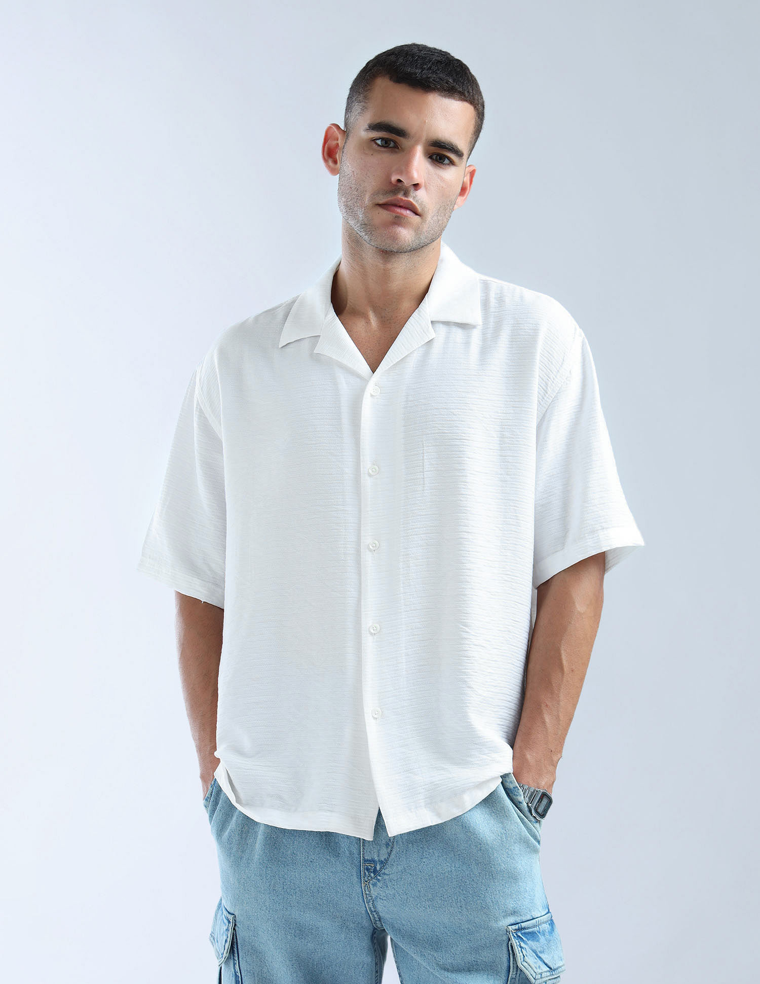 Flying Machine Oversized Fit Herringbone Cuban Shirt