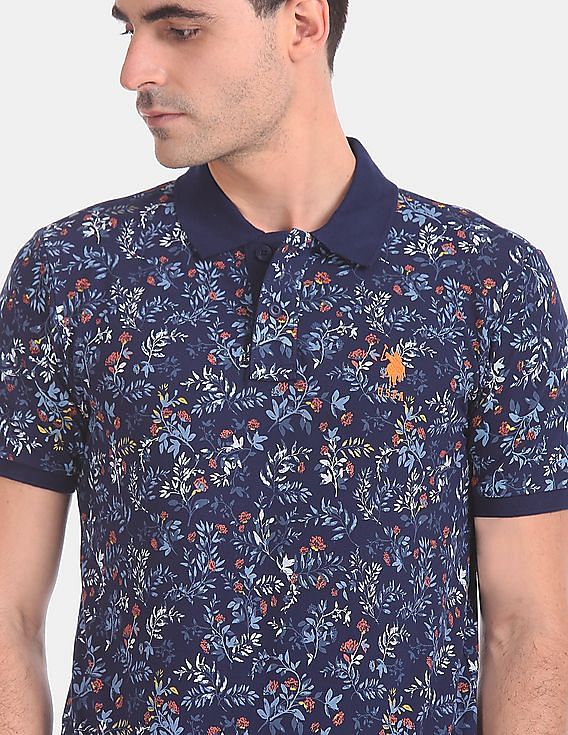 U.S. Polo Assn. Men Blue Printed Cotton Stretch Polo Shirt
