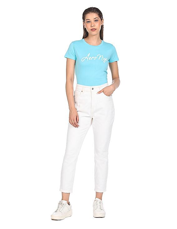 Aeropostale Women Aqua Cotton Brand Print T-Shirt