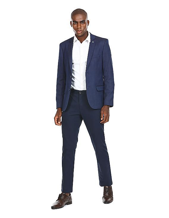 Men Navy Slim Fit Check Formal Blazer