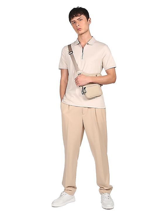 Calvin Klein Men Beige Half Zipper Smooth Cotton Polo Shirt