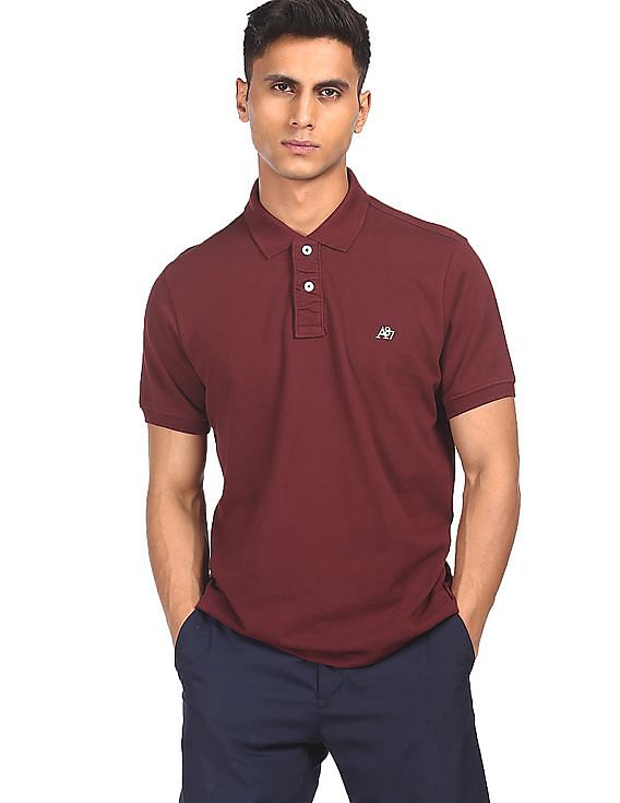 Aeropostale Men Maroon Cotton Solid Polo Shirt