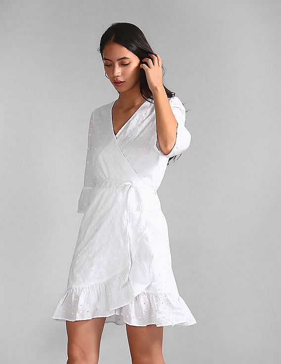 Buy GAP Women White Eyelet Embroidered Ruffle Wrap Dress NNNOW