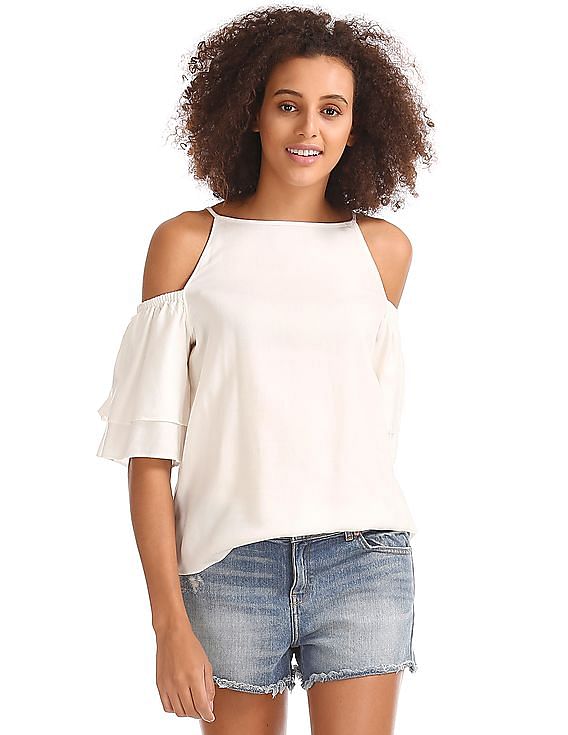 Buy GAP Women White Cold Shoulder Ruffle Sleeve Top NNNOW