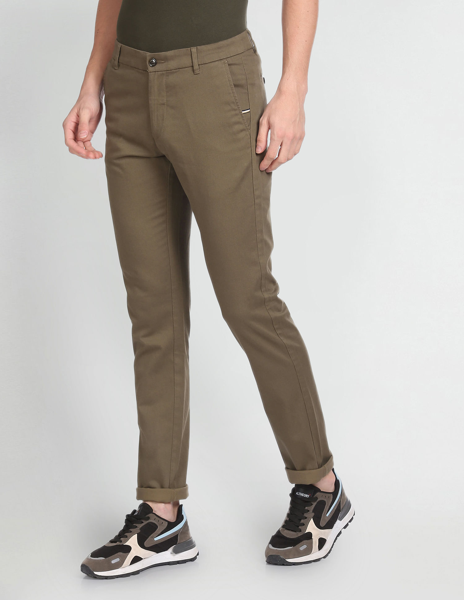 Cotton Stretch Brown Printed Flat Front Casual Trouser