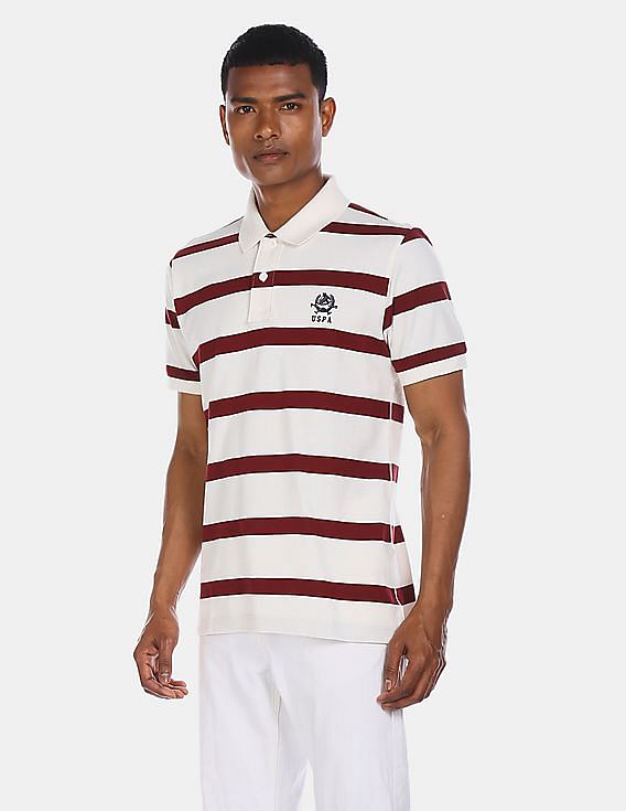 maroon and white striped polo