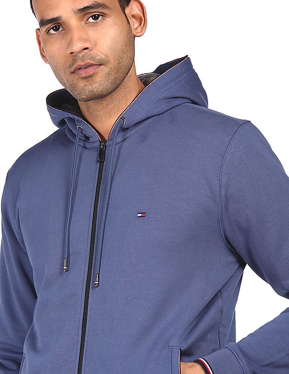 Buy Tommy Hilfiger Men Blue Zip Front Fur Lined Hood Sweatshirt