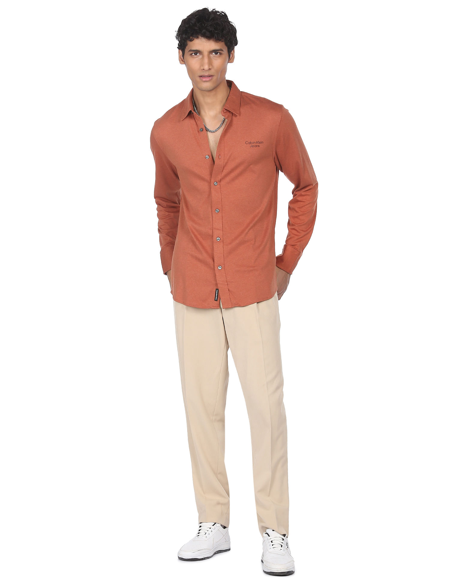 Calvin Klein Jeans Men Brick Red Slim Fit Pure Cotton Solid Casual Shirt