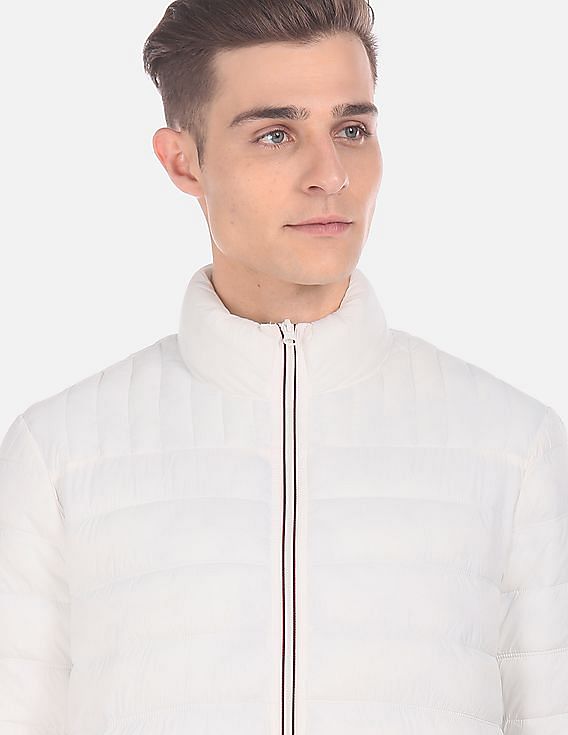 U.S. Polo Assn. Men White Stand Collar Quilted Jacket With Pouch