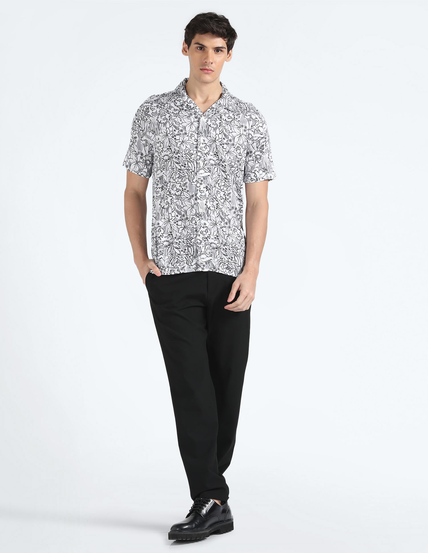 Flying Machine Floral Print Cuban Collar Shirt