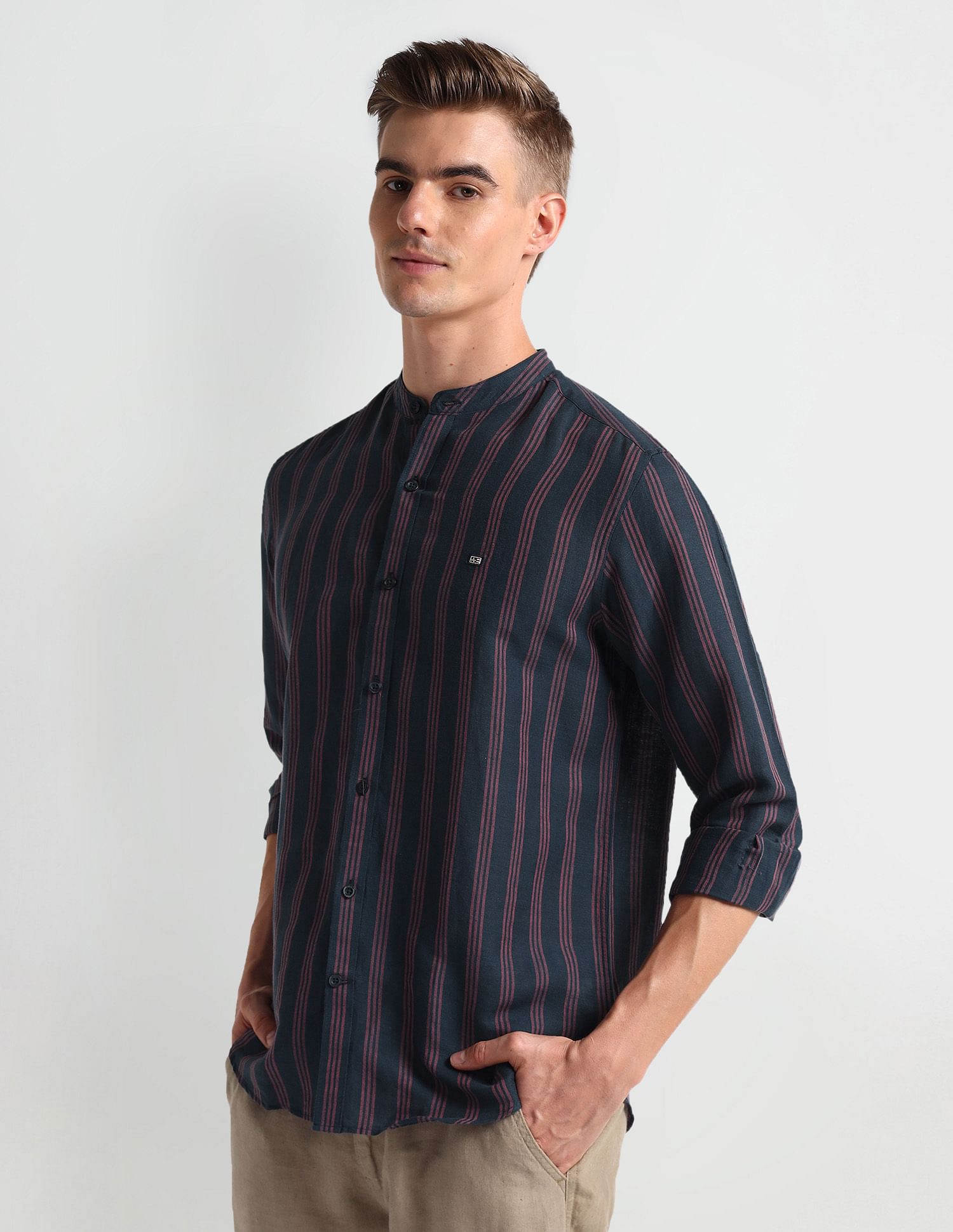 Arrow Sports Mandarin Collar Vertical Stripe Shirt