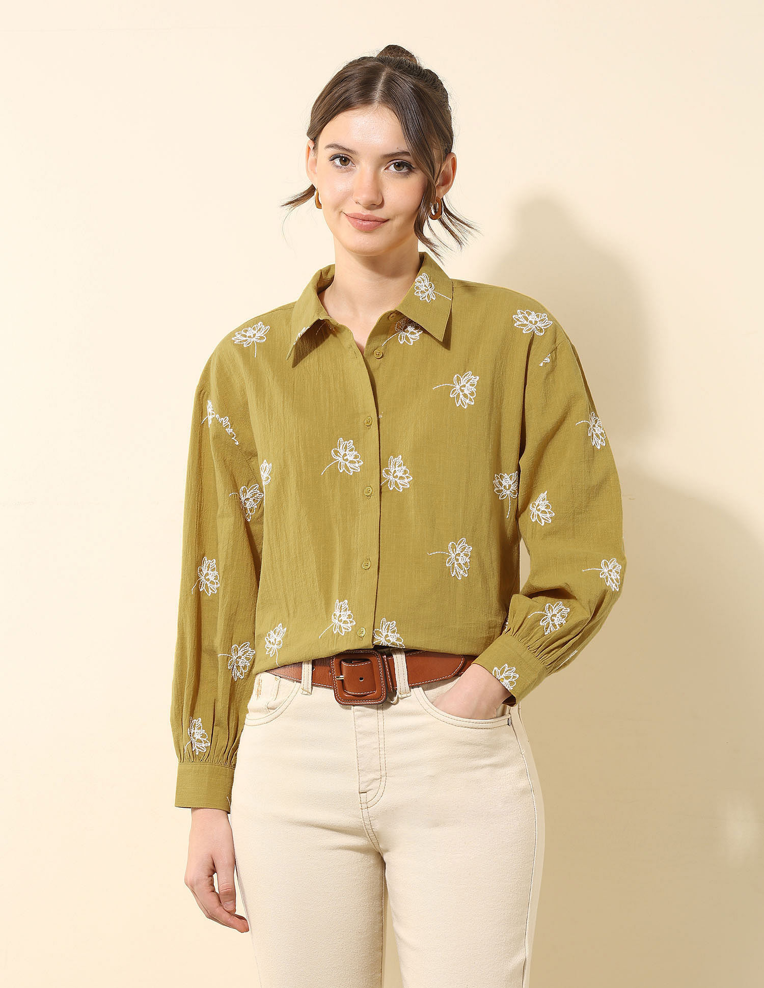 U.S. Polo Assn. Women Floral Embroidered Dobby Shirt