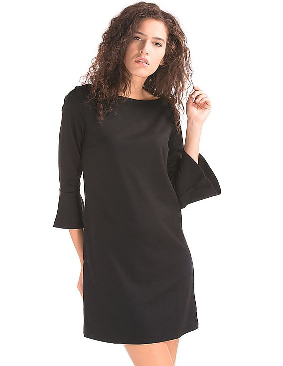 Black Three Quarter Sleeve A Line Dress