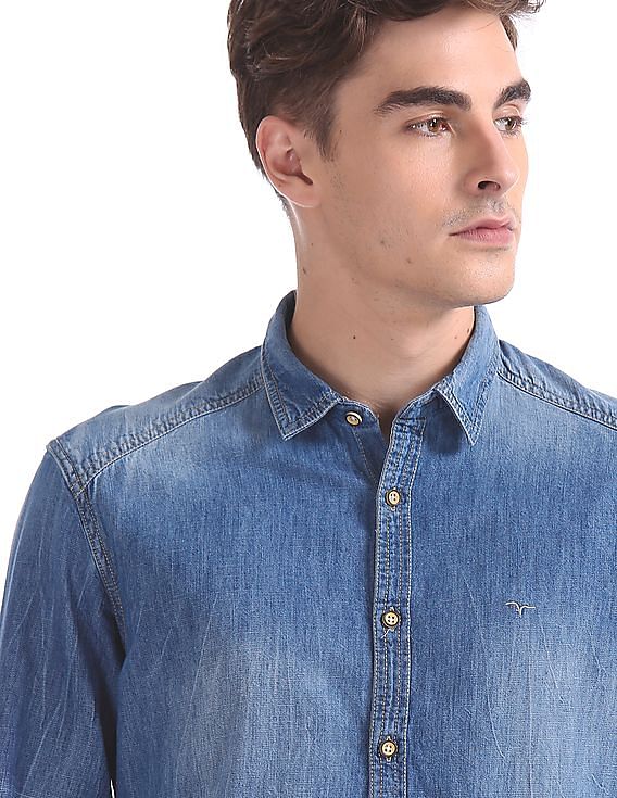 Flying Machine Regular Fit Stone Wash Denim Shirt