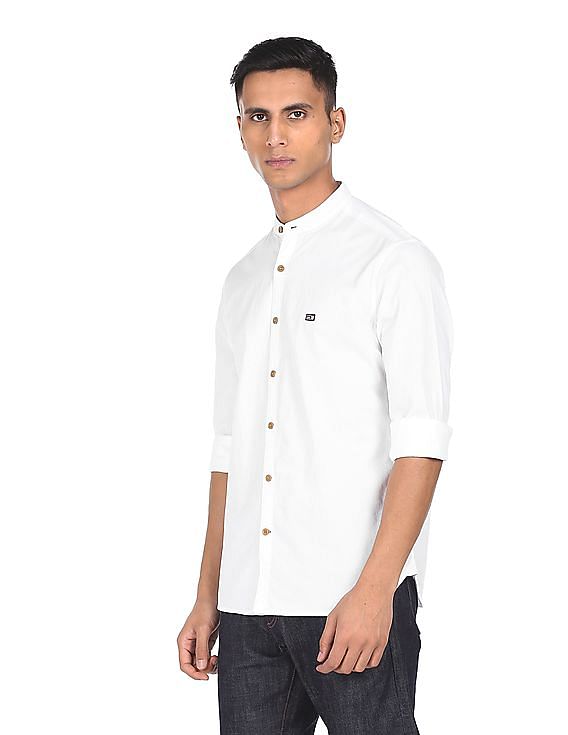 Buy White Mandarin Collar Half Sleeves Regular Fit Shirt for Men