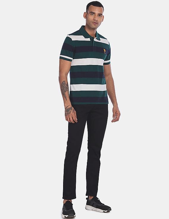 green and black striped polo shirt