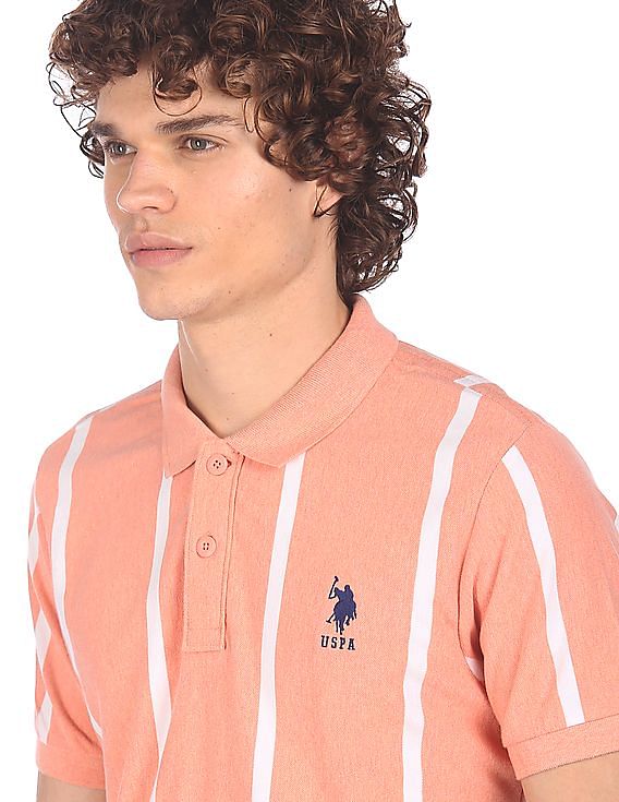 U.S. Polo Assn. Men Peach Striped Short Sleeve Polo Shirt