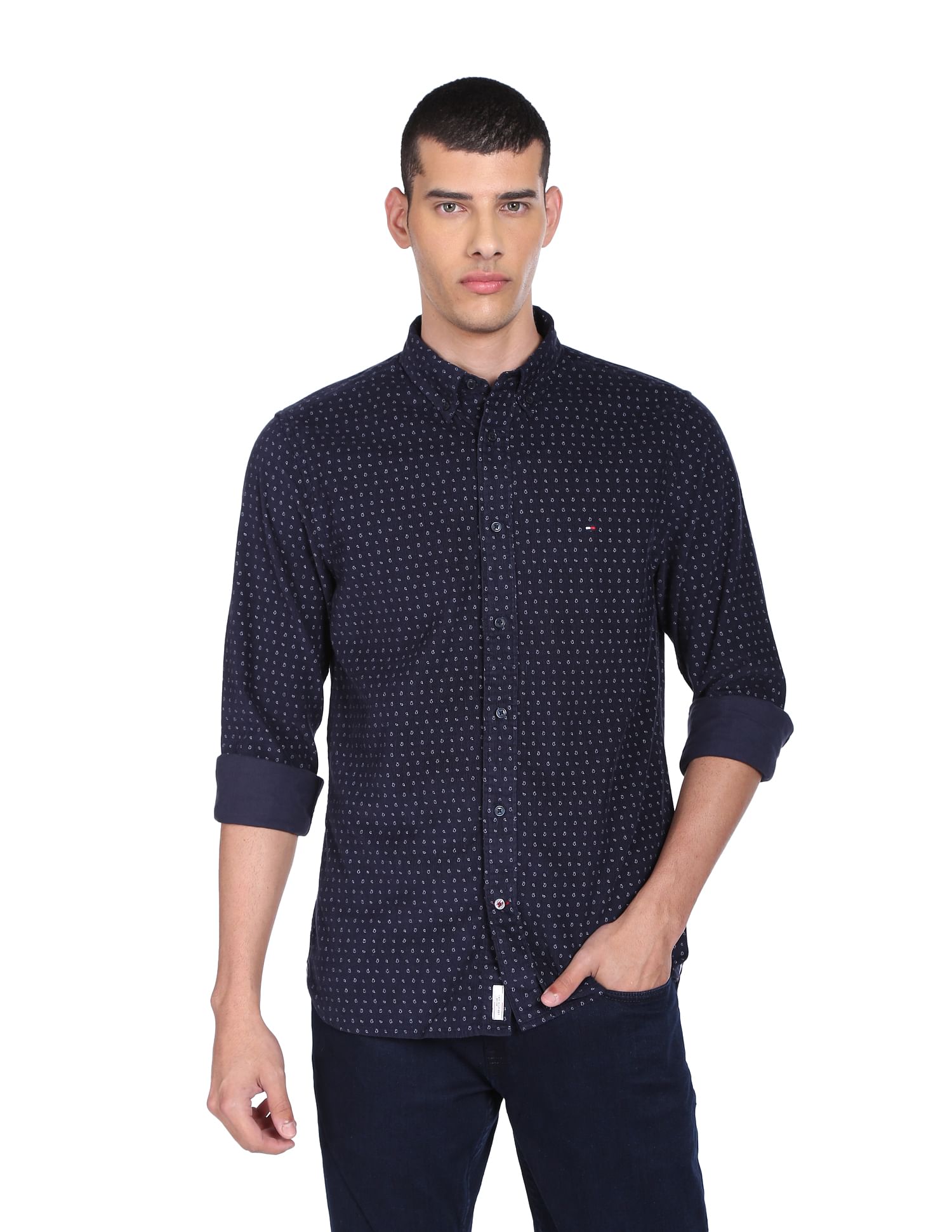 Tommy Hilfiger Men Navy Paisley Print Corduroy Cotton Casual Shirt