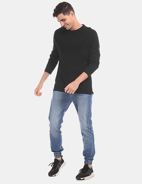 Calvin Klein Men Black Monogram Raglan Sleeve Waffle Knit T-Shirt