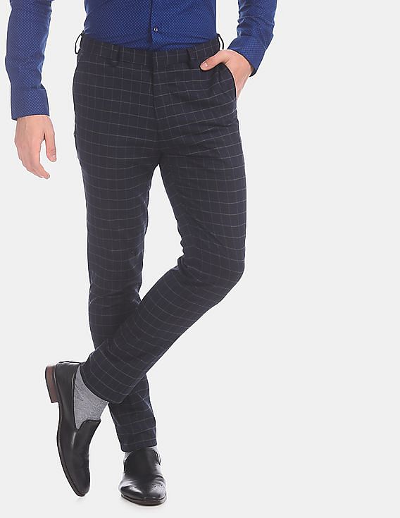 Raymond Grey Slim Fit Check Flat Front Trousers