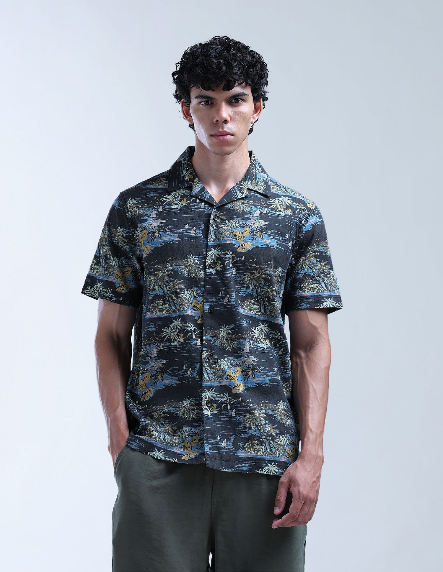 Flying Machine Tropical Printed Pure Cotton Cuban Shirt