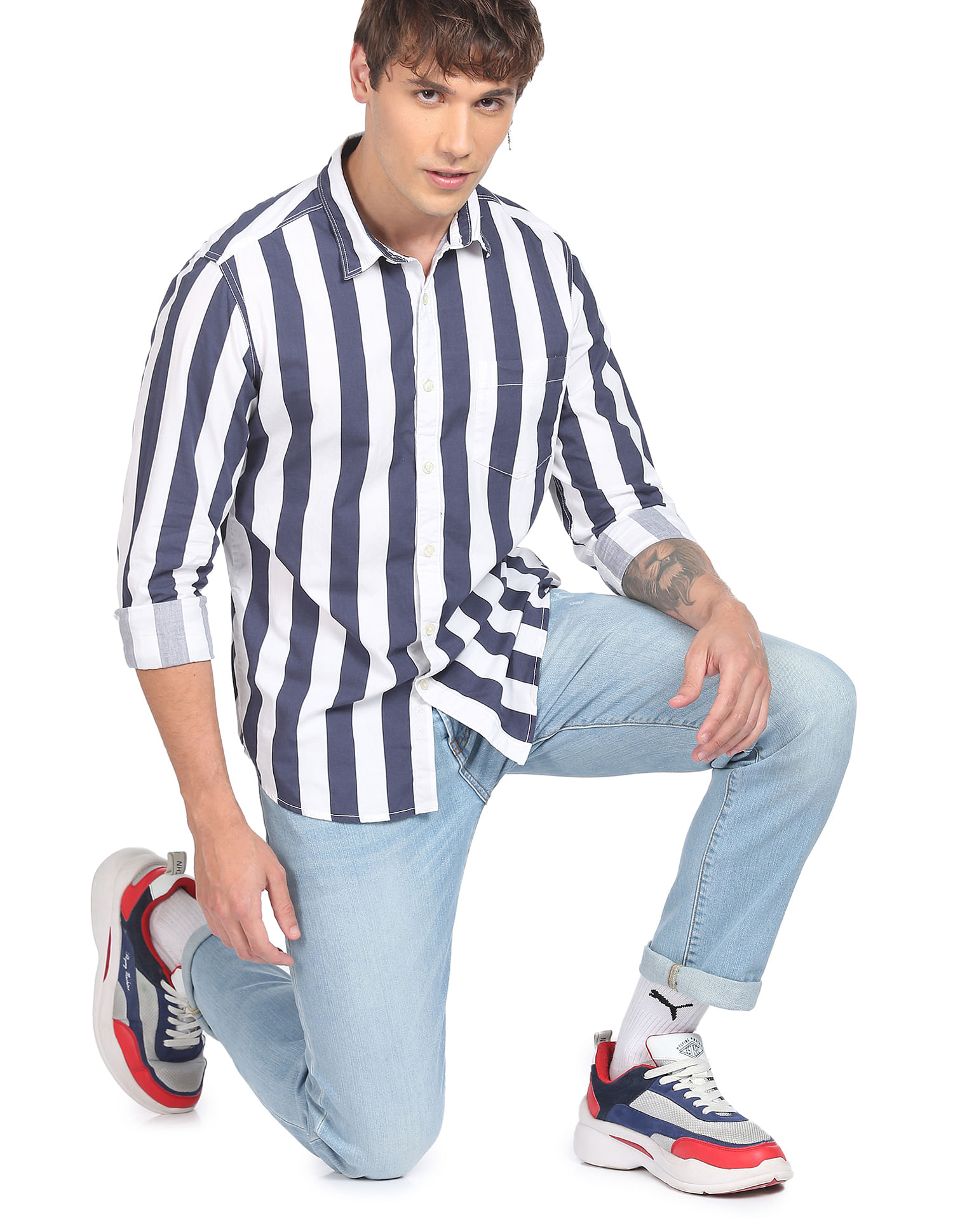 Buy Flying Machine Men Black And White Striped Casual Shirt - NNNOW.com