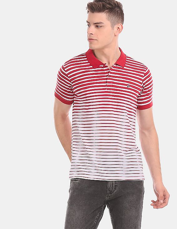 blue polo shirt with red and white stripes