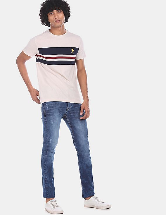 U.S. Polo Assn. Men Off White Cotton Striped T-Shirt