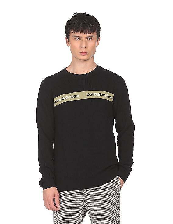 Calvin Klein Men Black Brand Stripe Textured Sweater