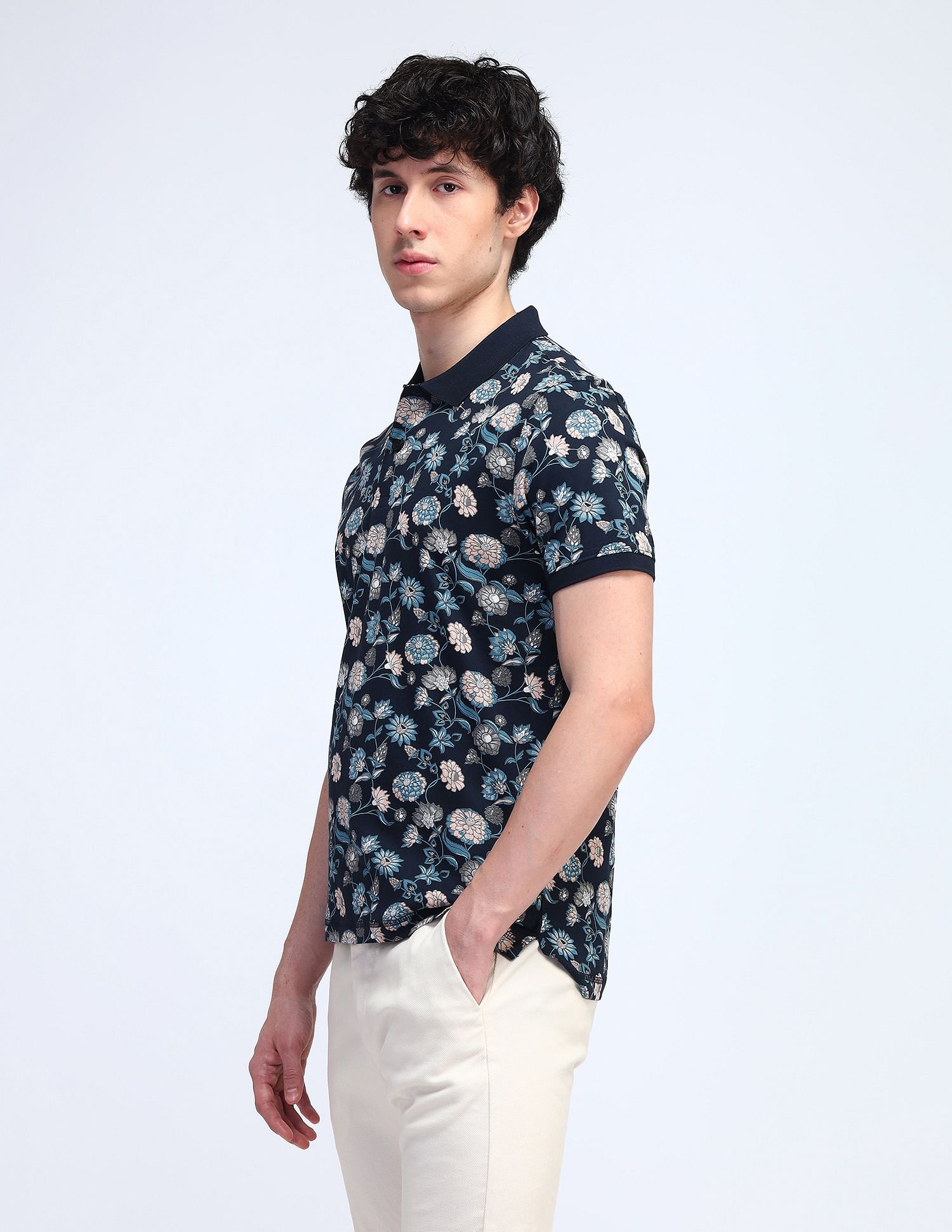 Flying Machine Floral Printed Cotton Polo Shirt