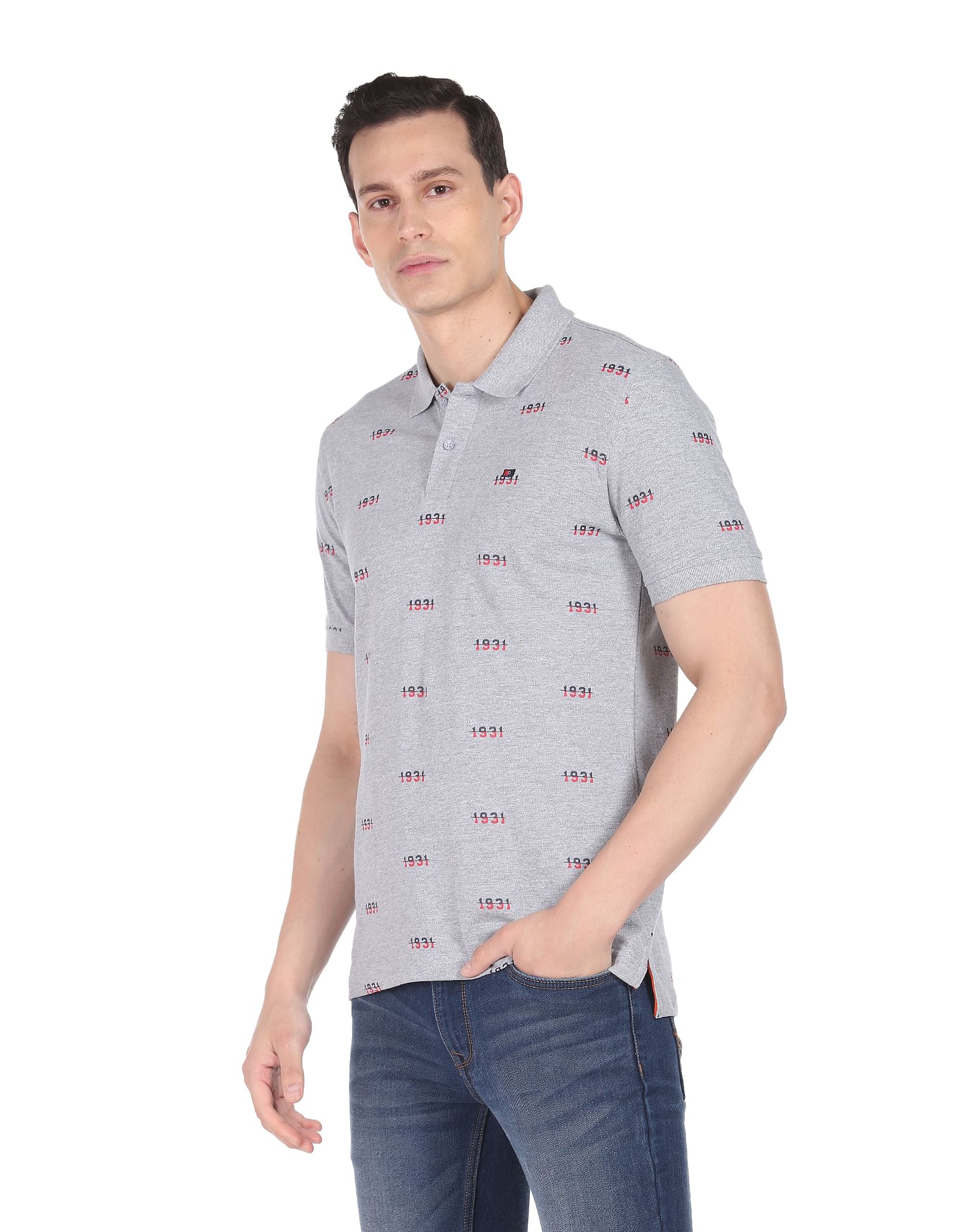 AD by Arvind Heathered Typography Print Cotton Polo Shirt