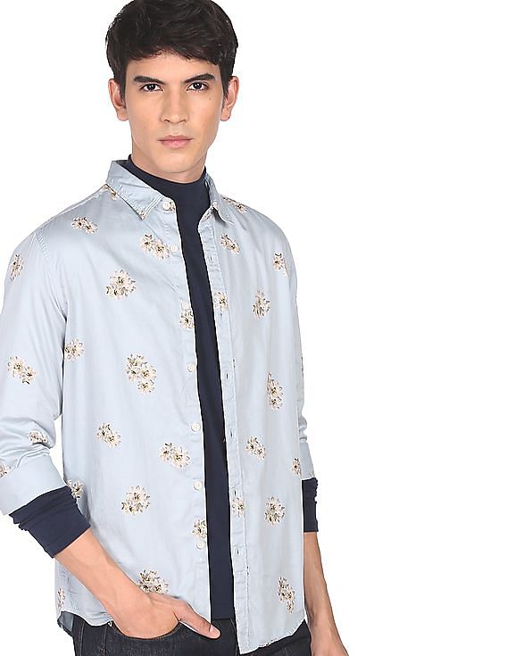 Flying Machine Spread Collar Floral Print Satin Shirt