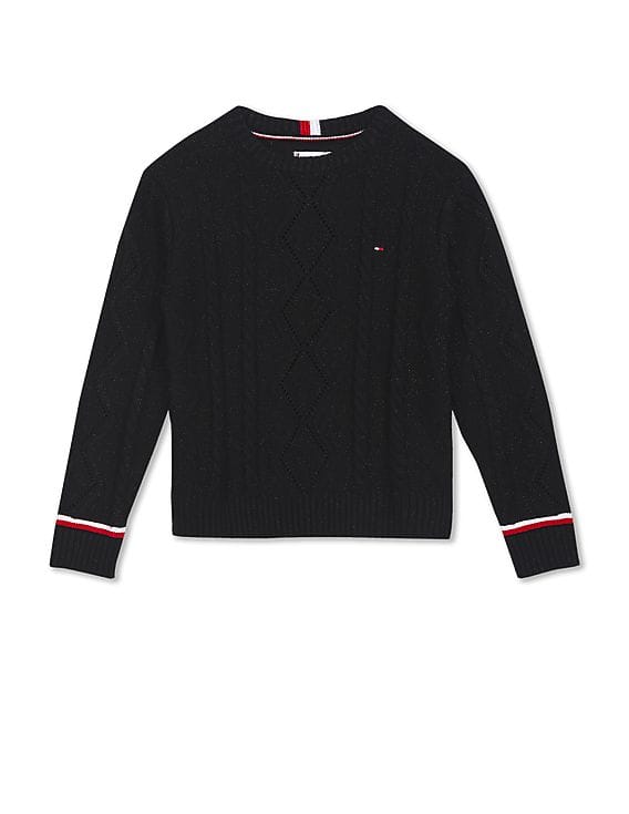 Buy Tommy Hilfiger Kids Girls Black Crew Neck Cable Knit Sweater