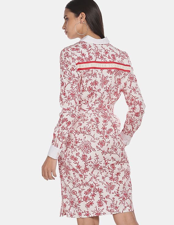 tommy hilfiger floral dress long sleeve TOMMY HILFIGER Womens Blue Floral Long Sleeve Short Fit + Flare Dress Size:  XL