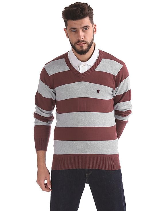 Buy Men Striped V-Neck Sweater online 