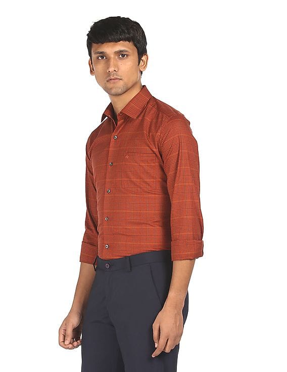 Dark Orange Check Cotton Formal Shirt 