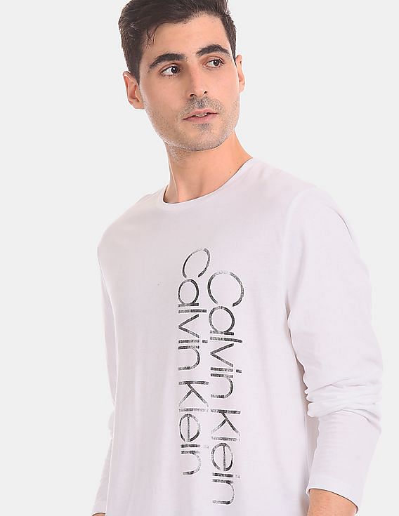Calvin Klein Men White Full Sleeve Printed Cotton T-Shirt